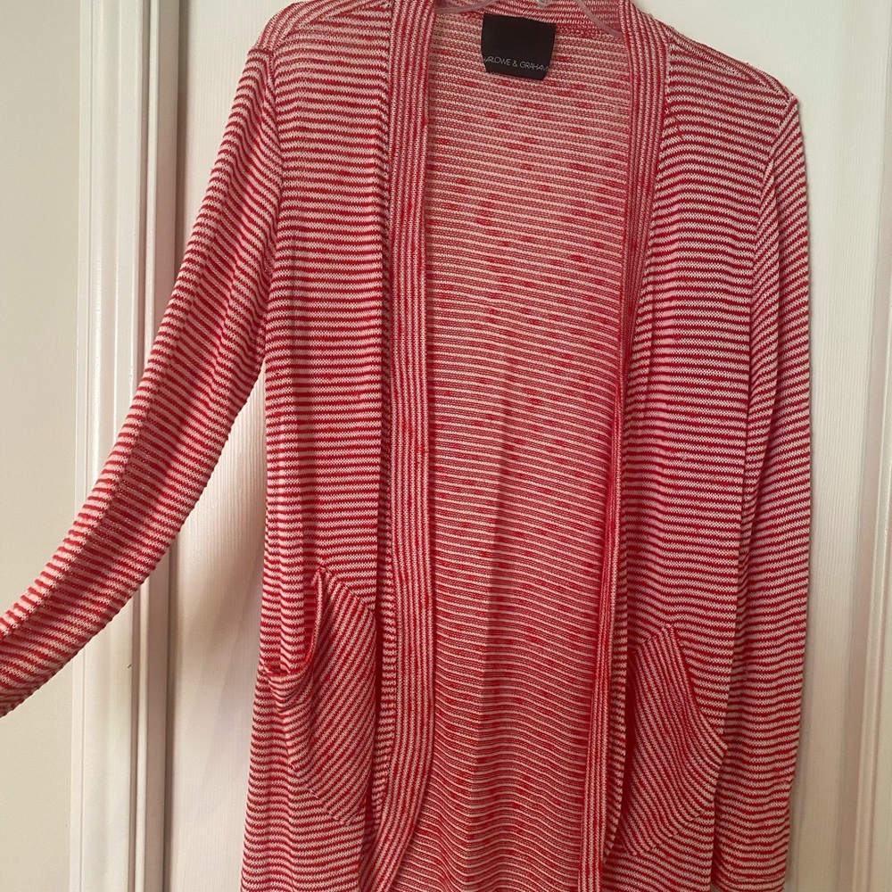 Red and white striped open front sweater
